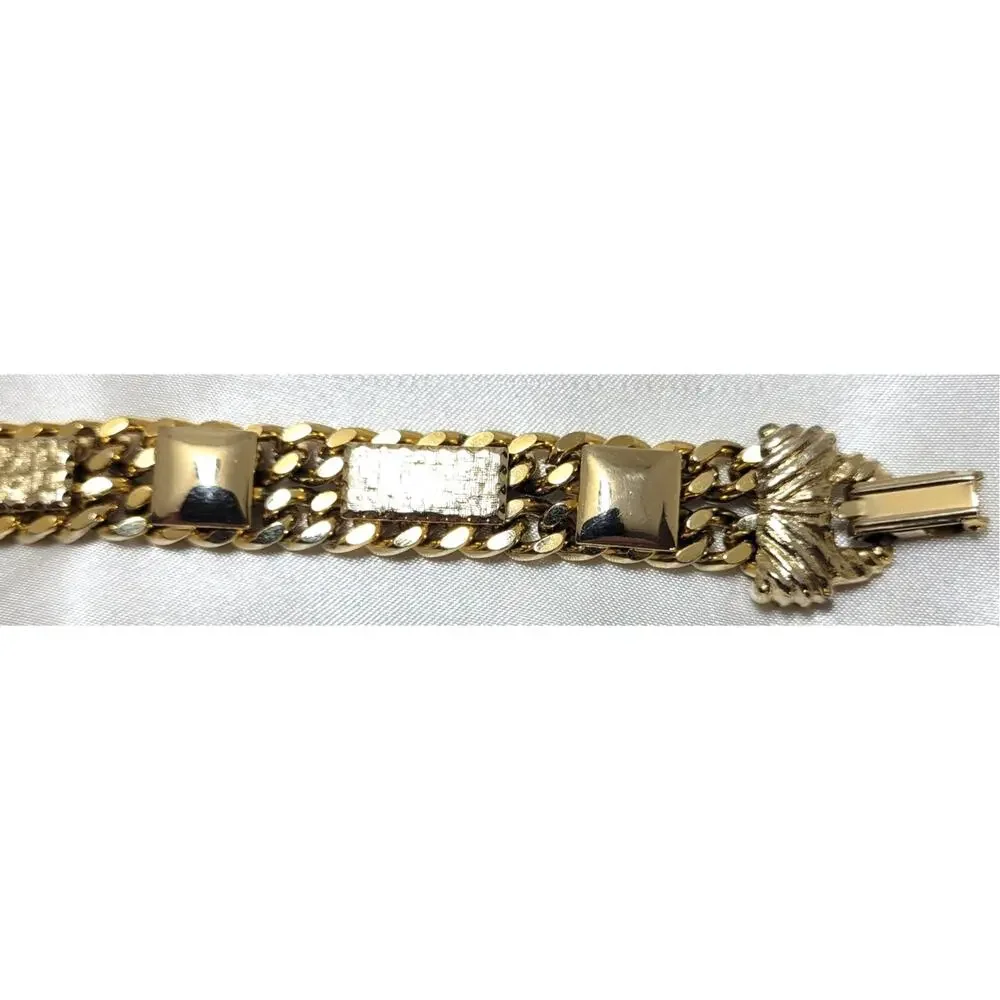 Vtg 60s 70s Gold Tone Chunky Panel Link Bracelet Heavy Geometric Textured 7.25